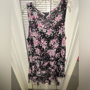 Black floral high-low sheer tank with ruffle bottom
